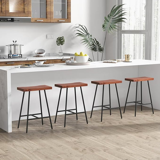 COSTWAY Industrial Bar Stools, 24-inch Backless Counter Height Saddle Stools with Footrest, Metal Legs, Adjustable Foot Pads, Barstools for Kitchen Island Cafe Restaurant, Walnut+Black (Set of 4)