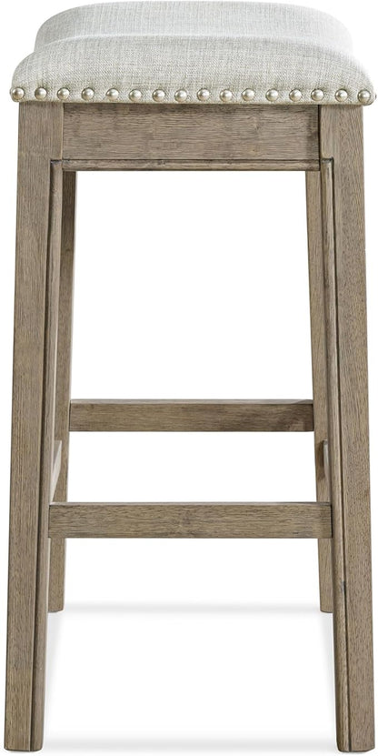 ROME + OAK Parker 26 Inch Counter Stool, Backless Saddle Kitchen Barstool in Reclaimed Oak Finish with Ash Grey Fabric Upholstery Cushion Seat