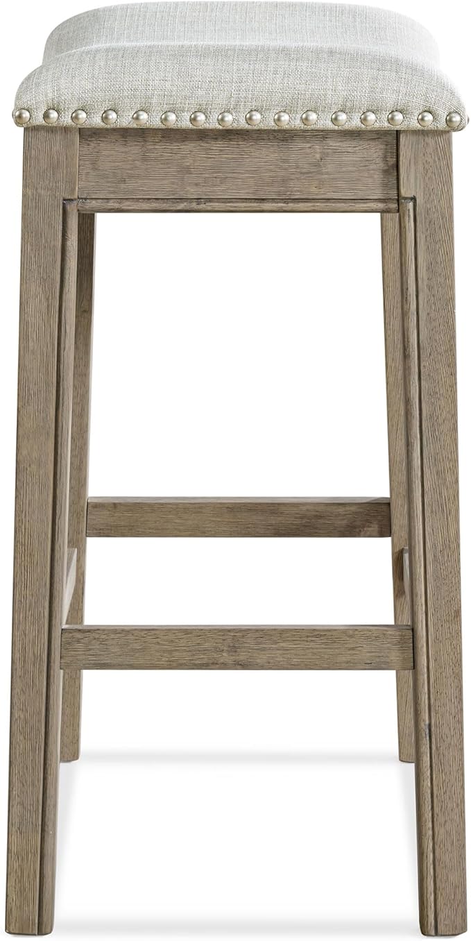 ROME + OAK Set of 2 Parker 26" Counter Stool, Backless Saddle Kitchen Barstool in Reclaimed Oak Finish with Ash Grey Fabric Upholstery Cushion Seat
