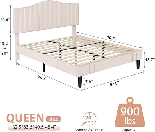 VECELO Queen Size Bed Frame Upholstered Platform Beds with Height-Adjustable Teddy Fabric Headboard, Strong Wood Slats 7.9'' Under Bed Storage Space Noise-Free No Box Spring Needed, Cream