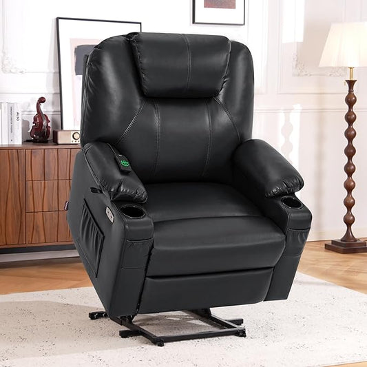 MCombo Oversized Power Lift Recliner Chair for Elderly, Lift Chair with Heat and Massage for Big and Tall, USB&Type C Ports, Cup Holders, Faux Leather R7510 (Black, Large-Wide)