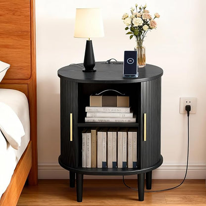 Nightstand with Charging Station, Fluted Accent Side Table with Sliding Door & Adjustable Shelf, Mid-Century Modern End Table for Small Space, Living Room, Bedroom(1, Black)