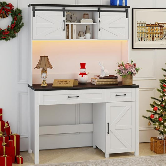 Vabches Farmhouse 47" Executive Desk, Computer Desk with 2 Drawers, Storage Cabinet and LED Light,Charging Hub, Home Office Desk with Hutch, Workstation for Home Office and Study, (Black