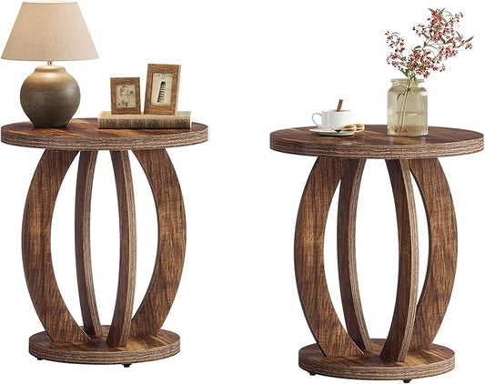 Tribesigns End Table, Round Side Table with Storage, Farmhouse Nightstand Bedside with Round Tabletop, Accent End Table for Living Room Bedroom Small Space, Wooden Accent Furniture (2, Dark Brown)