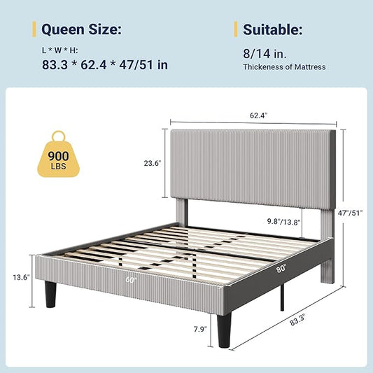 Allewie Queen Size Upholstered Bed Frame with Vertical Channel Tufted Headboard, Soft Corduroy Fabric Platform Bed, Strong Wooden Slats Support, Easy Assembly, No Box Spring Needed, Light Grey