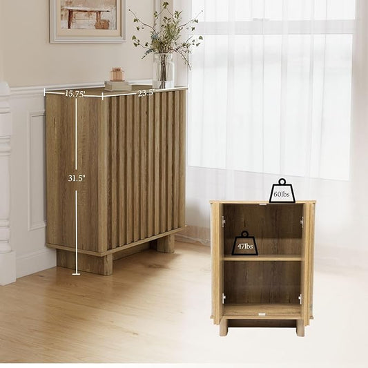 Sideboard Buffet Cabinet with Storage, Natural Freestanding Floor Cabinet Farmhouse Sideboard with 2 Fluted Doors Wooden Hallway Cabinet Media Console Table Credenza for Living Room Dining Room, 2PCS