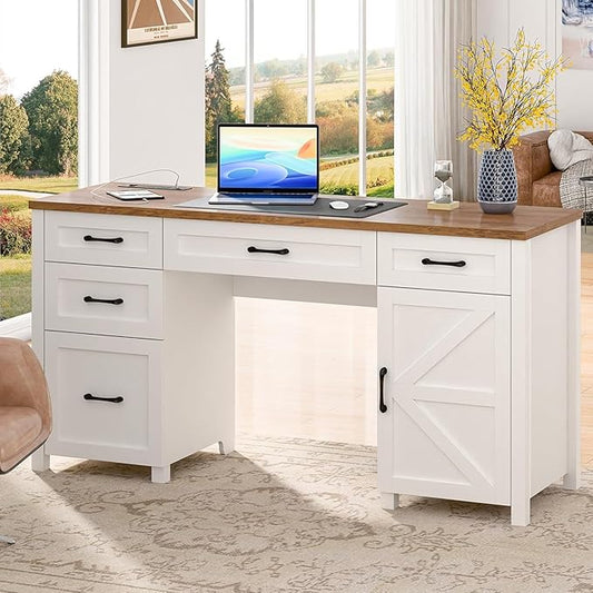Farmhouse 61'' Executive Desk with 5 Drawers, Rustic Office Desk Computer Table with Charging Station, File Drawers and Storage Cabinet, Wood Workstation for Study and Home Office,(Unique White)