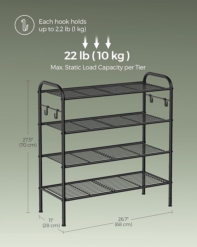 SONGMICS Shoe Rack, 4-Tier Shoe Organizer, Metal Shoe Shelf Storage with 4 Side Hooks, Holds 16 Pairs of Shoes, Height-Adjustable Shoe Rack for Entryway, Hallway, Closet, Easy Assembly, Ink Black