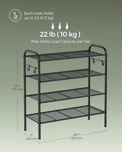 SONGMICS Shoe Rack, 4-Tier Shoe Organizer, Metal Shoe Shelf Storage with 4 Side Hooks, Holds 16 Pairs of Shoes, Height-Adjustable Shoe Rack for Entryway, Hallway, Closet, Easy Assembly, Ink Black