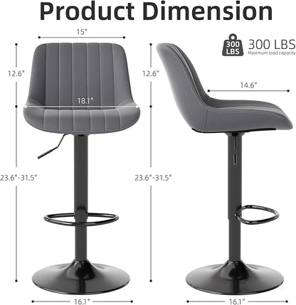 Youhauchair Bar Stools Set of 4, Swivel Counter Height Barstools with Back, Adjustable PU Leather Bar Chairs, Modern Armless Kitchen Island Stool, Dark Grey