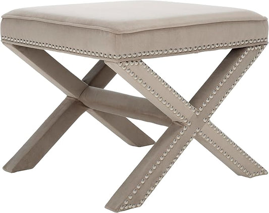 SAFAVIEH Home Collection Palmer Mushroom Taupe with Silver Nailhead Trim X-Bench Ottoman Foot Stool, Fully Assembled (MCR4589V)