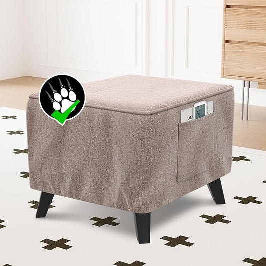 H.VERSAILTEX Ottoman Cover Square Fit Length 18"-19" Footrest Thick Linen Look Square Soft Ottoman Covers Slipcover Storage Ottoman Cover Stool Cover with Elastic Bottom - Heather Taupe