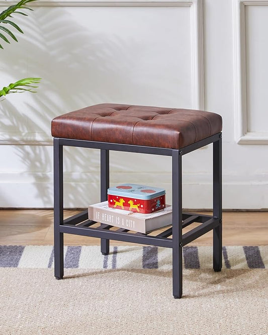 IBUYKE Rectangular Makeup Stool with Adjustable Feet and Storage Space, Footrest Chair, PU Vanity Seat, Multi-Use as Small Side Table or Ottoman, for Bedroom, Dark Brown WBD017Z