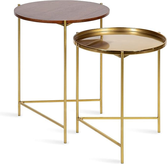 Kate and Laurel Ulani Modern Nesting Side Table, Set of 2, Walnut Brown Wood and Gold Metal, Glamorous End Tables for Storage and Display