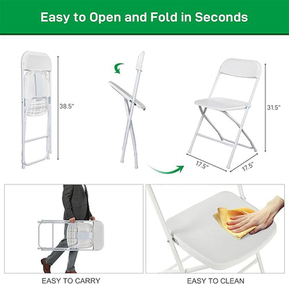 60 Pack White Plastic Folding Chairs, Portable Party Chairs, Stackable Commercial Seats with Steel Frame for Home Office Wedding Party Indoor Outdoor Events Chairs, 350lbs Capacity