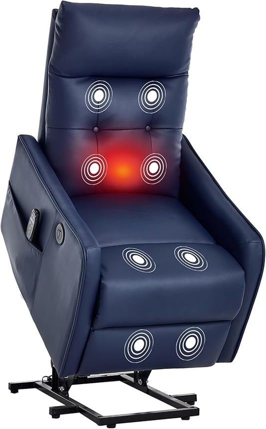 PELUMY Manual Lift Recliner Chair with Massage and Heat for Elderly, Single Motor Electric Lift Chair, Heavy Duty Recliner with USB Charging & Side Pockets (Breathable Leather, Dark Blue)