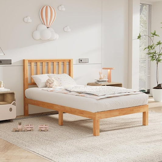 DELAVIN Twin Bed Frame with Headboard, Malaysian Oak Wood Platform Bed Frame, Farmhouse Bed Frame with 12 Wooden Slats Support, No Box Spring Needed, Easy Assembly, Twin, Rustic Pine