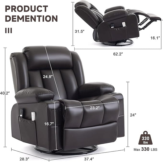 Power Swivel Rocker Recliner Chair with Heat and Massage, USB and Type-C Charging Port, Electric Glider Rocking Chairs, Oversized Recliner Chairs for Adults(Leather, Dark Brown)