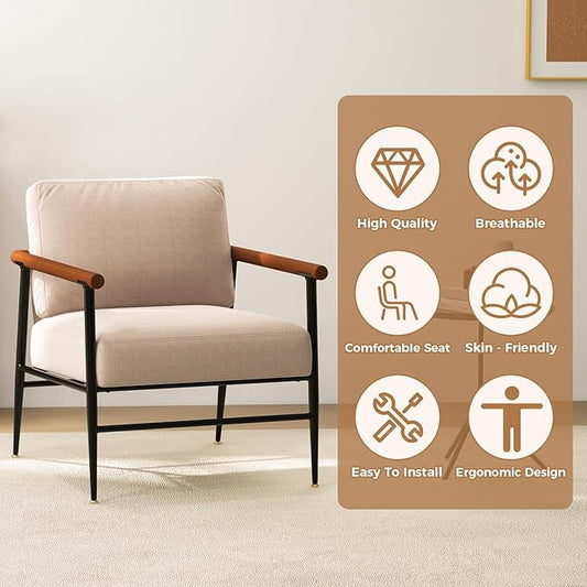 Accent Chair Mid Century Modern Chair Linen Fabric Living Room Lounge Chair with with Overstuffed Back Pillow and Cushion Reading Side Chair Easy Assembly for Living Room, Bedroom, Belcony (1)