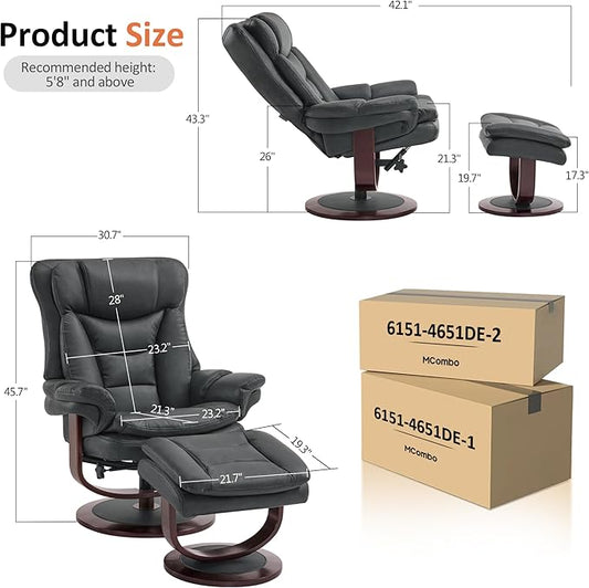 MCombo Oversized Swivel Recliner Chair with Ottoman, Adjustable Backrest, 360° Wood Base, High Seat, Faux Leather Lounge Chair for Tall Users in Living Room, Bedroom, or Office 4651 (Dark Grey)