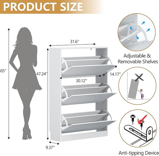 Shoe Storage Cabinet with 3 Flip Drawers, Slim Hidden Wood Shoe Cabinet Storage for Entryway, Freestanding Narrow Shoe Rack Organizer with Adjustable Shelves for Foyer, Hallway, White