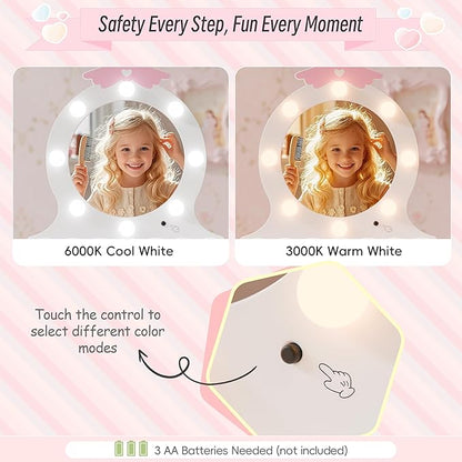 TOLEAD Girls Vanity with Lights, Mirror and Stool, Kids Make Up Vanity Set with Storage Space, Wing Pattern for Little Girls, Toddler Princess Makeup Dressing Table with Chair Set, White