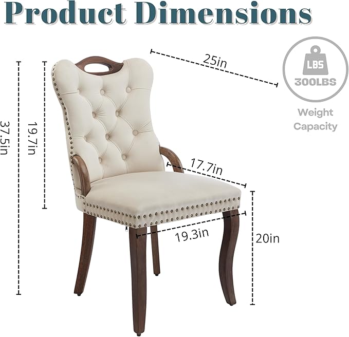Velvet Dining Chairs Set of 2, Solid Wood Handles, Wooden Upholstered Dining Chair, Vintage Copper Nail Decoration, Mid Century Modern Kitchen Chair (Beige, Set of 2)