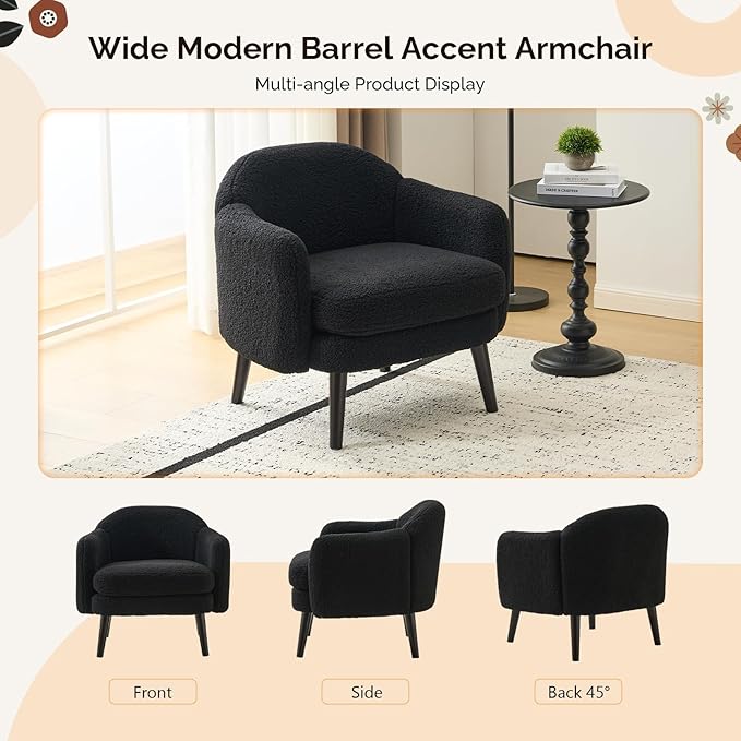 VINGLI 30.3" Wide Modern Barrel Accent Armchair with Track Armrest, Solid Wooden Legs, Comfy Upholstered Club Chair, Round Single Home Sofa for Living Room, Bedroom, Reading Room,Teddy Fleece Black