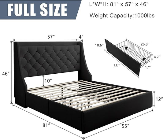 Full Size Upholstered Platform Bed Frame with 4 Storage Drawers and Charging Station, Linen Button Tufted Wingback Headboard, Sturdy Wooden Support Slats, No Box Spring Needed, Black