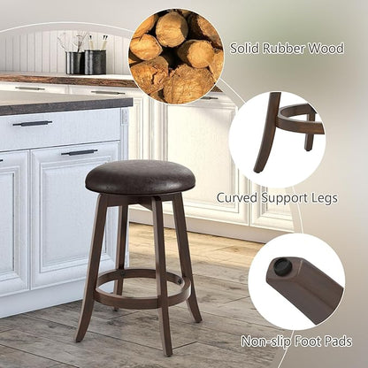 COSTWAY 24-Inch Swivel Bar Stools Set of 4, Upholstered Barstools w/PU Leather Seat & Solid Rubber Wood Legs, Mid-Century Backless Round Counter Height Stools w/Footrest for Kitchen Home Bar