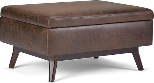 SIMPLIHOME Owen 34 inch Wide Mid Century Modern Rectangle Coffee Table Storage Ottoman in Distressed Chestnut Brown Vegan Faux Leather, Assembled, For the Living Room, Entryway and Family Room