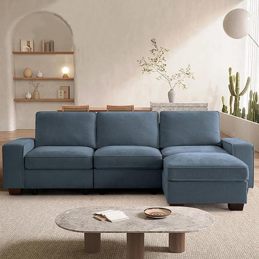 TEKAMON 100" Modular Sectional Sofa with Seats Storage, L Shaped Couch with Movable Ottoman, Chenille Fabric Couch for Living Room, Office, Apart W/Deep Seat, USB Charging,Removable Cover (Blue)