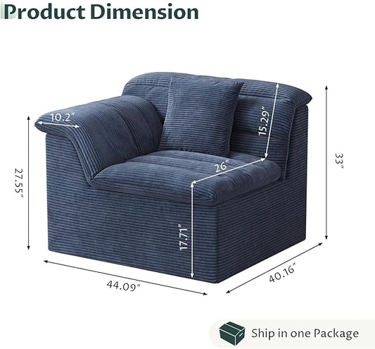 44" Cloud Sectional Couch with Single Arm, Modern Compressed Sofa, Comfy Sleeper Sofa, Corduroy Upholstered Couches for Small Space/Apartment, No Assembly Required, Blue, Left Side