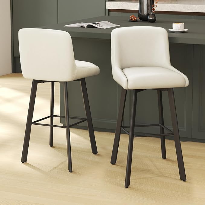 Swivel Bar Stools, 30''H Upholstered Barstools with Backs, Modern Counter Height Bar Stool Chairs for Kitchen Island, Metal Legs (Beige- Faux Leather, Set of 2-30" H)