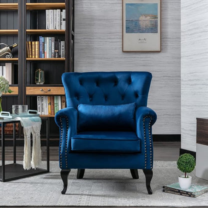 Accent Reading Arm Chairs for Living Room Bedroom, Midcentury Modern Comfy Corner Sofa Chair, Wingback Waiting Room Club Chair with Button Tufted Back &Lumbar Pillow, Velvet Blue