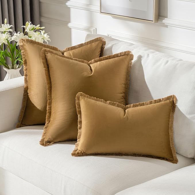 FUTEI Brown Velvet Decorative Throw Pillow Covers 24x24 Set of 2,Soft Cozy Edge with Tassels European Cushion Case,Boho Modern Home Decor for Couch Bed Living Room