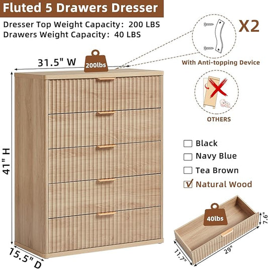 LEYAOYAO Fluted 5 Drawers Dresser for Bedroom, 41" Tall Modern Chest of Drawers with Metal Handle for Bedroom, Living Room, Hallway, Entryway