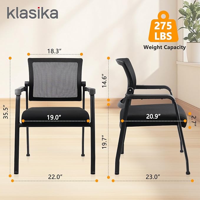 Office Guest Chairs No Wheels | Ergonomic Lumbar Support and Thicked Seats Cushion, Desk Chair with Adjustable Mesh Back for Waiting Room School Church Reception，Black 2PK
