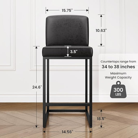 PHI VILLA Black Leather Bar Stools Set of 3, Counter Height Bar Chairs Modern Faux Leather Stools for Kitchen Island, 24 inch Barstools with Back