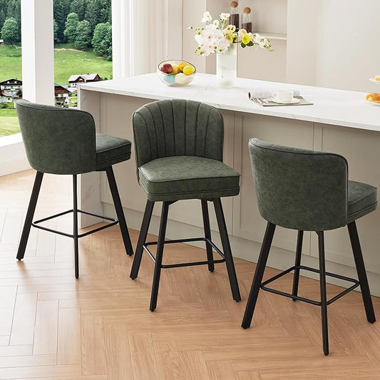 Swivel Counter Height Bar Stools Set of 3, 26'' Modern Barstools with Backs and Metal Legs, Upholstered Bar Chairs, Faux Leather Green Stools for Kitchen Island Chairs