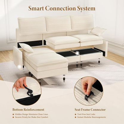 Vesgantti 108" Sectional Sleeper Sofa, 6-Seater Oversized Modular Cloud Couch with Movable Ottoman, Corduroy Large Sofa Bed Convertible Deep Seat Couches for Living Room, Bedroom and Apartment, Beige