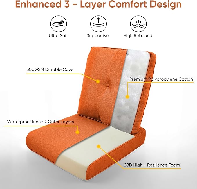 Patio Chair Cushions 6 Packs - Outside High Back Thick Water-Resistant Cushion 22x24 with Zipper Cover for Outdoor Glider Rocking Chairs Loveseat 3-Seater Couch Sofa – Orange/Buckle