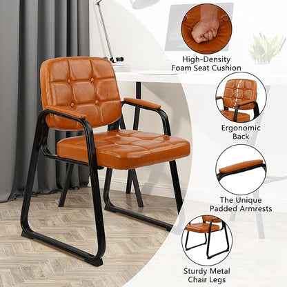 CLATINA Waiting Room Chairs with Padded Arms Leather Guest Chair no Wheels for Office Reception and Conference Desk with Sled Base Orange, 4PK