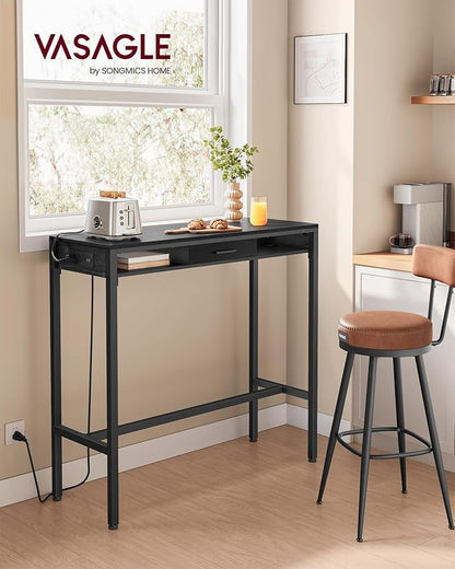 VASAGLE Bar Table with Power Outlets, 39.4 Inches Long Bar Height Pub Table, Rectangular High Top, with Movable Drawer, 2 Hooks, Narrow Storage for Kitchen, Dining, Entryway, Ebony Black