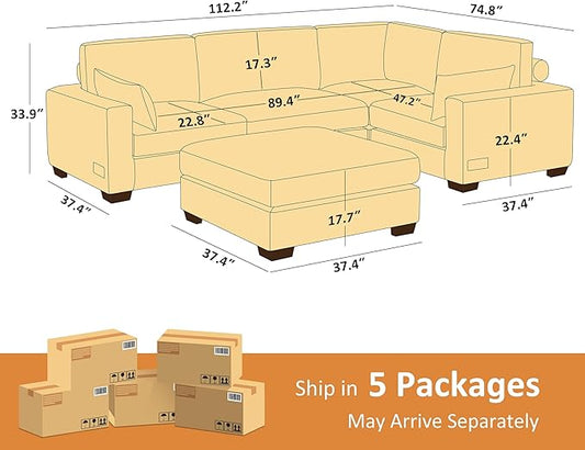 VANOMi Large Modular Sectional Sofa, Oversized Couch with Charging Station, Cloud Couch Deep Seat Sofa with Thick Cushion, Convertible Sectional Couches for Living Room Office Apartment