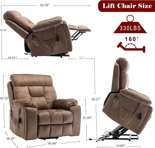 Power Lift Recliner Chair with Massage and Heating Functions,Velvet Sofa with 2 Remote Controls and Two Cup Holders,Recline up to 160 Degrees,Suitable for Living Room