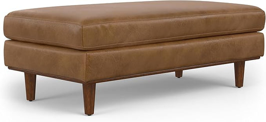 SIMPLIHOME Morrison 49 inch Wide Large Rectangular Ottoman in Caramel Brown Genuine Leather, Multifunctional Footrest, Coffee Table, and Extra Seating for Living Room, Mid-Century Modern Style
