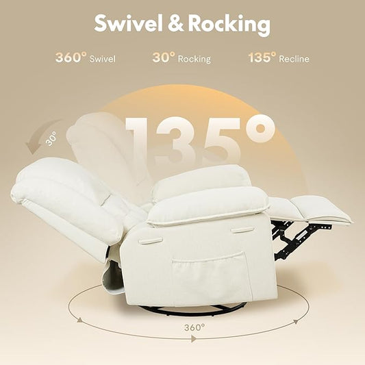 FLEXISPOT 360° Swivel Rocker Recliner for Adults, Massage Rocker Recliner Chair with Heating, Nursery Chair Swivel Glider Sofa for Living Room, Bedroom, Nursery, Beige