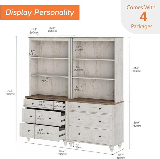 WAMPAT 3 Tier Bookshelf with 3 Drawers, 72" Tall Bookcase Large Farmhouse Display Book Case Shelf with 3-Tier Open Book Shelfs，Library Wood Bookshelves for Living Room,Kitchen, Rustic White (2PCS)