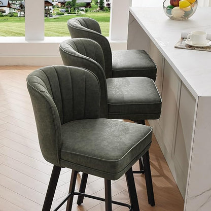 Swivel Counter Height Bar Stools Set of 2, 30'' Modern Barstools with Backs and Metal Legs, Upholstered Bar Chairs, Faux Leather Green Stools for Kitchen Island Chairs